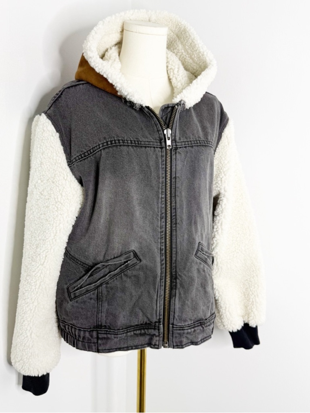 Free People We The Free Perry Hooded Denim Sherpa Jacket XS